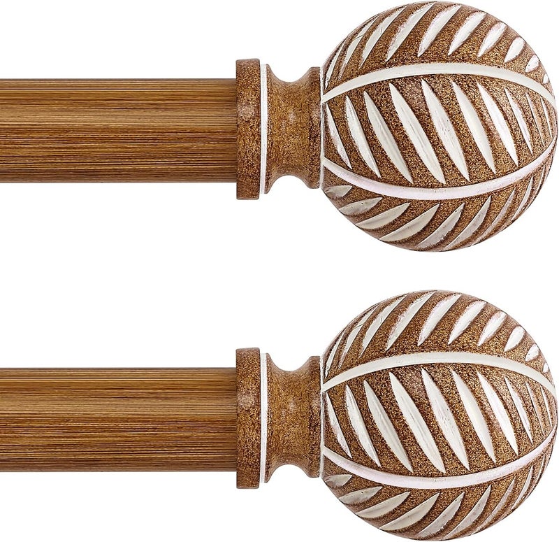 HTZON 2 Pack Wood Curtain Rods 48 to 84 Inch,1 Inch Boho Adjustable Curtain Rod,Imitation Wood Grain Leaf Window Curtains Rods,Farmhouse Rustic Heavy Duty Drapery Poles,Brown Drapery Rod Set 36-88" - Image 1